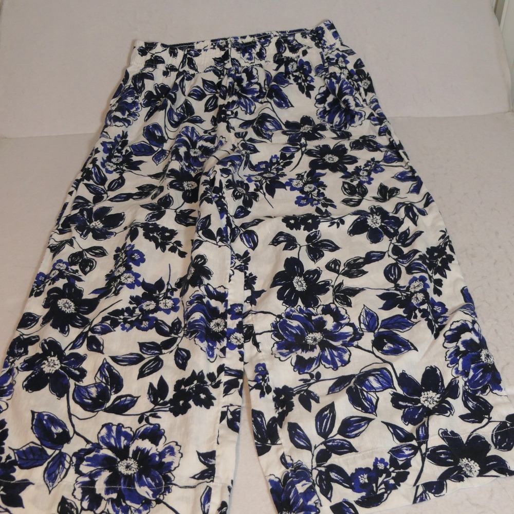 Rachel Roy Womens Linen Wide Leg Pants L Blue White Floral Boho Coastal Grandma